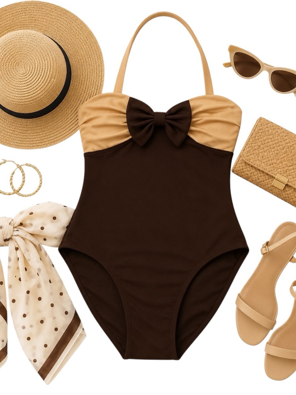 Sirena Vintage Black Nude Bow One Piece Swimsuit Size 14 Retro Glam Swimwear GUC